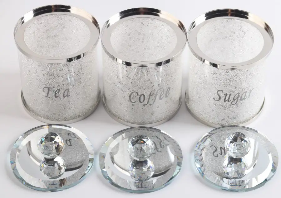SILVER CRYSTAL FILLED TEA COFFEE SUGAR CANISTERS JARS STORAGE Diamond Crushed Uk