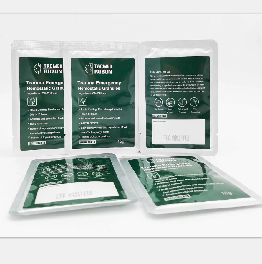 Carboxymethyl chitosan hemostatic agent powder or dressing with syringe rapid hemostatic combat gauze or bandage