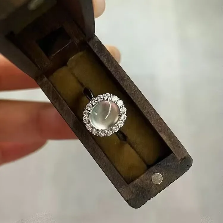 Exquisite White Jade Encrusted Zircon Ring Wedding Engagement Gift Brass Ring for Women Hainon 2290