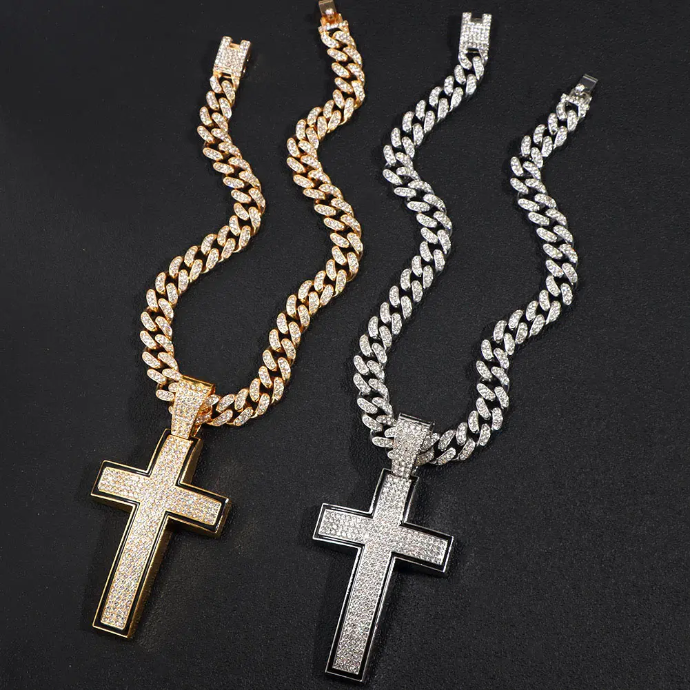 13MM Cuban Chain Christian Cross Pendant Necklace Hip Hop Women Religious CZ Stone Enamel Cross Necklace