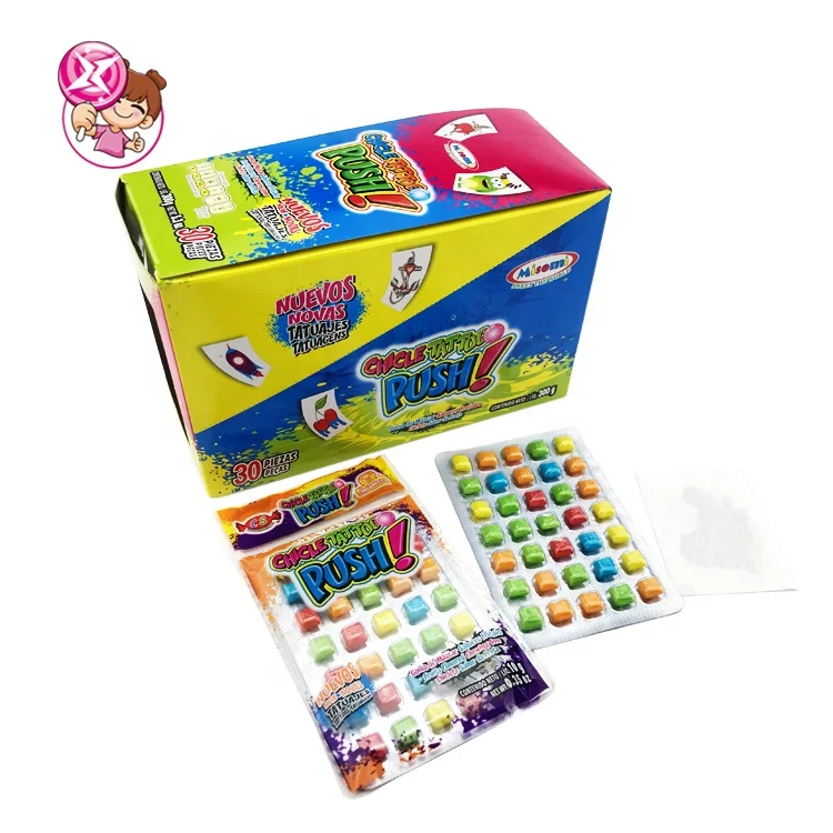 Mini pieces packed with square fruit flavors rainbow of multi-colored bubble gum gum and tattoo stickers