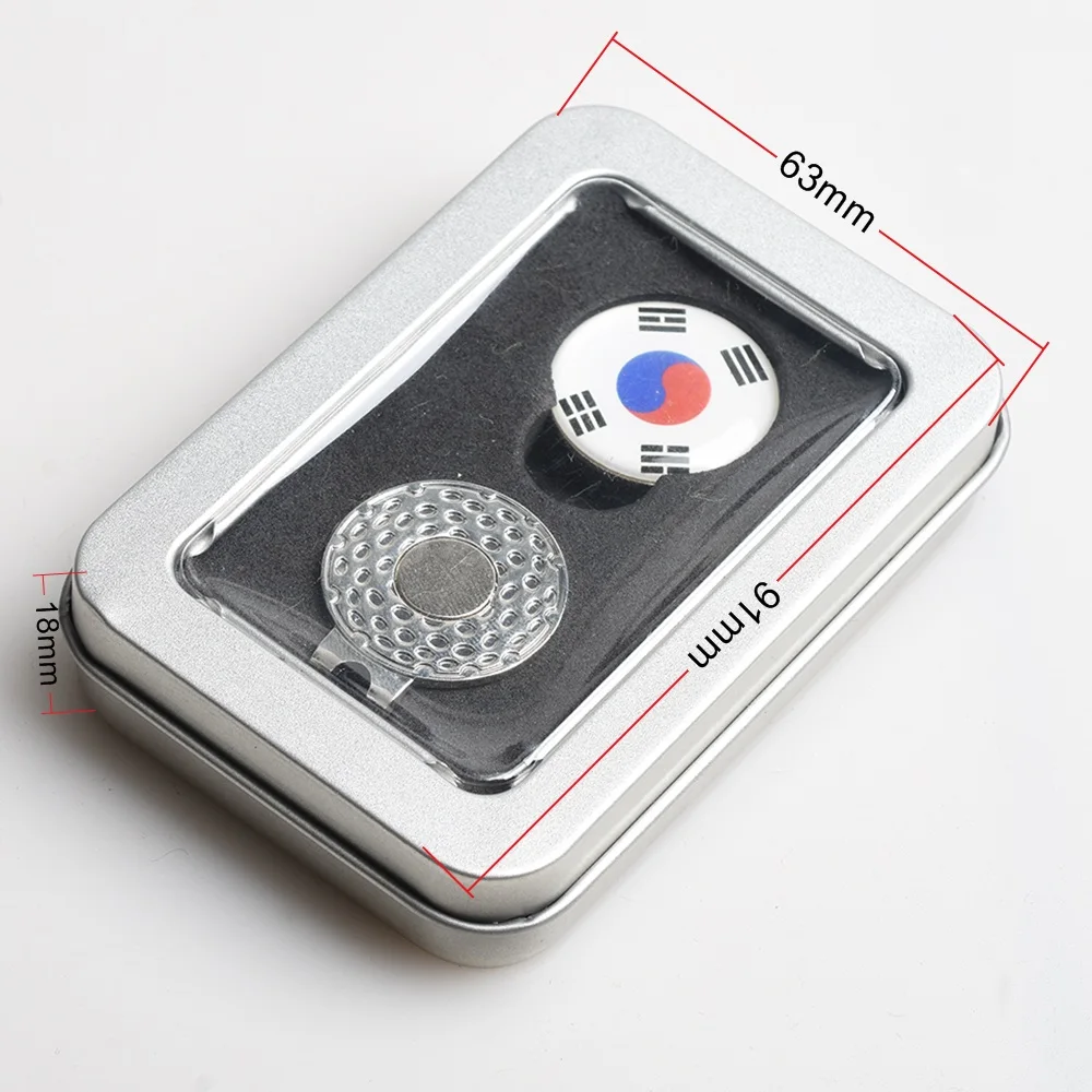 Korea Hot Selling Tinplate Box Golf Gift Flag Hat Clip Marker South Korea Flag Golf Hat Clip Flag Pattern Marker Gift Box
