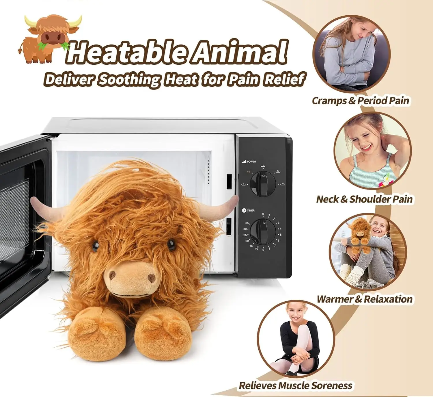 Highland Cow Stuffed Animals Microwavable Heating Pad Soft Fluffy Realistic Cow Plush Toy for Anxiety