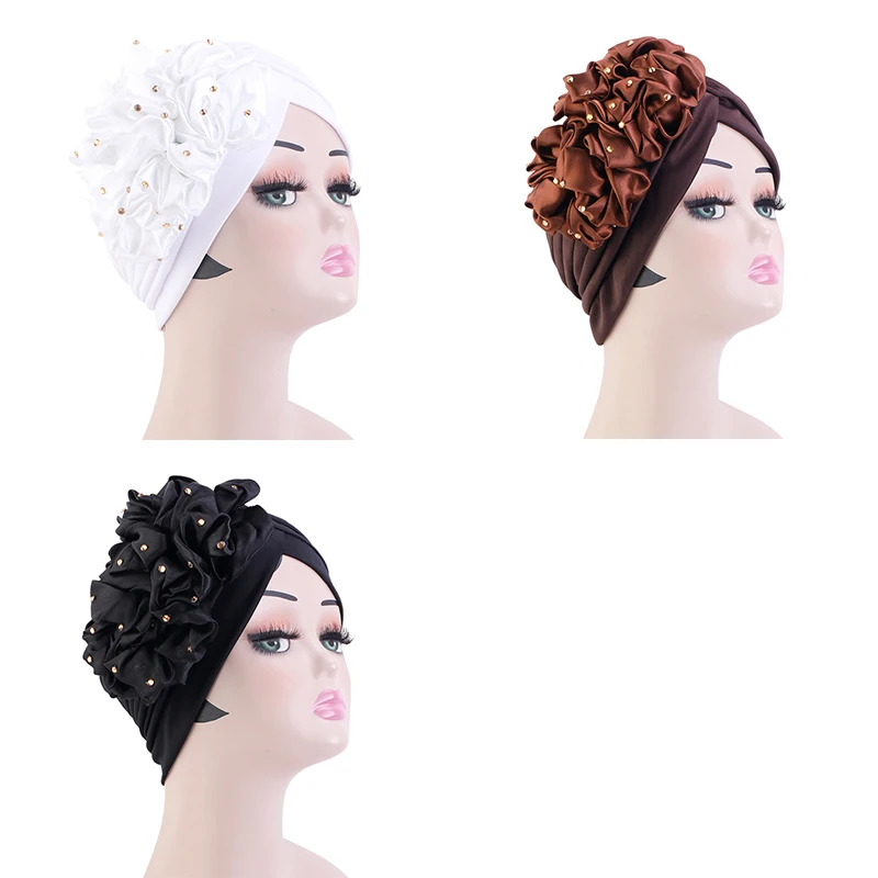 Wholesale Custom Logo Hair Accessories Muslim Big Flower Beaded Turbans Solid Color Ruffle Pre Tied Knotted Turban Cap For Women