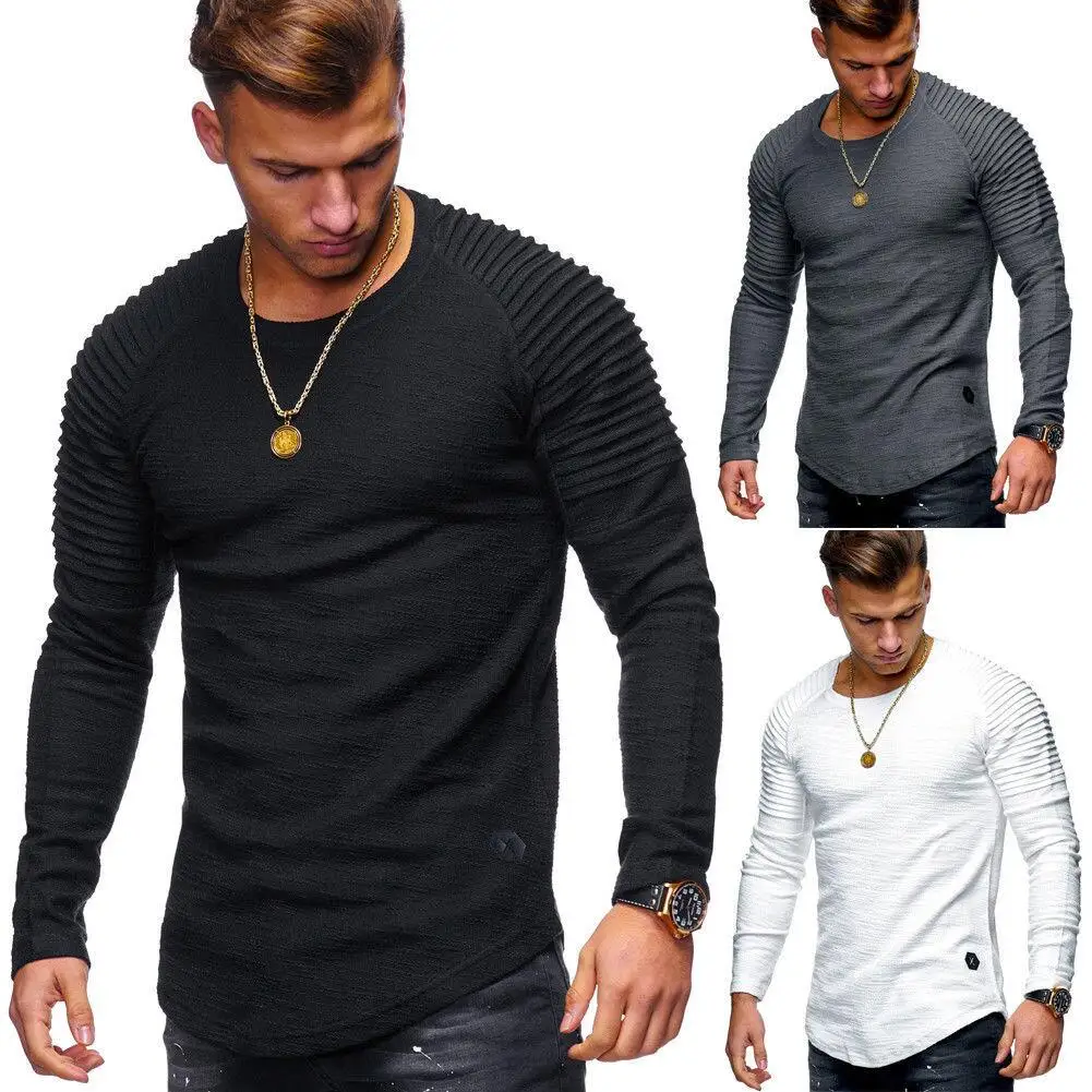 custom solid color long full sleeve round neck pullover casual striped oversized t shirts for men stylish 2021