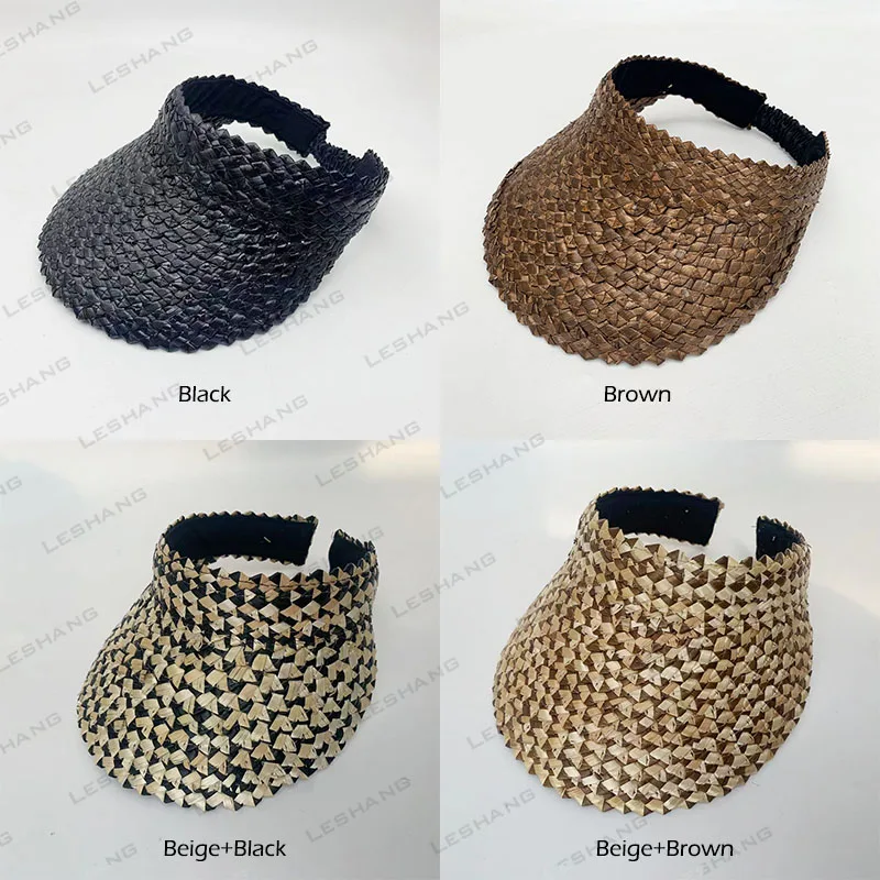 OEM Summer Beach Sunscreen Lady Sun Visor Hats Custom Embroidery Logo Women Handmade Raffia Empty Top Straw Hats