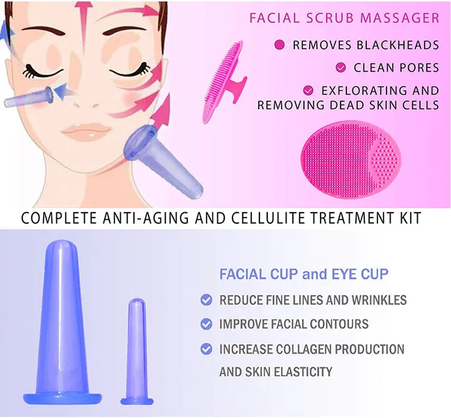 
(4 Suction Cups with Cellulite Remover Body Brush & Face Scrubber) Silicone Cupping Set for Cellulite Treatment and Body Detox 