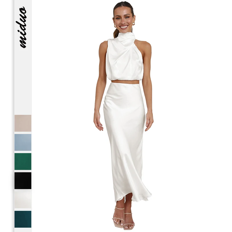 High Quality Stretch Elegant Lady Satin Sets 2 Piece Outfits Skirt And Top Sets For Women Two Pieces