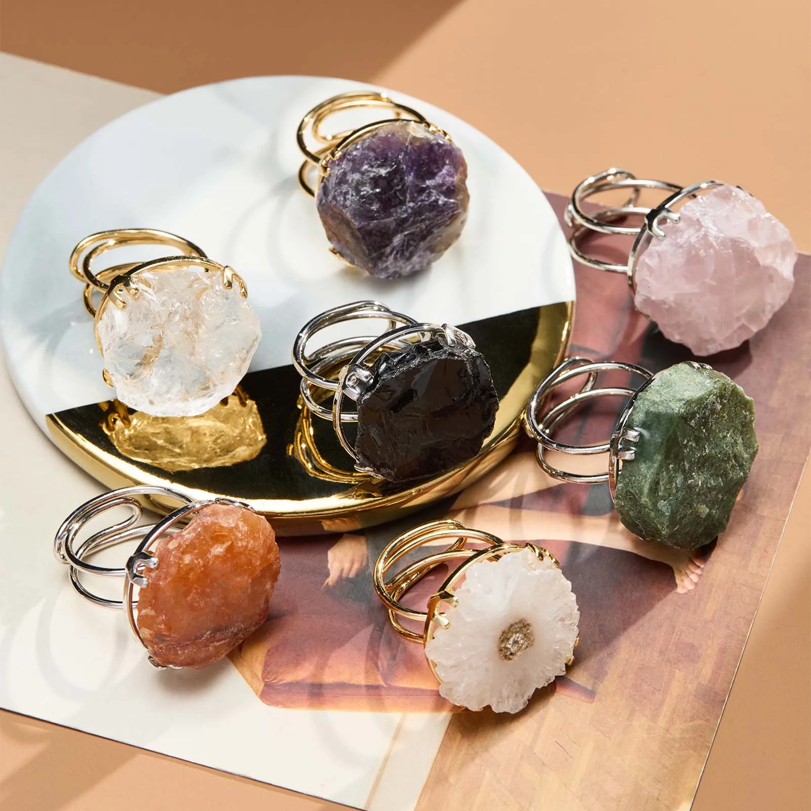 Кольца с натуральным драгоценным камнем друза кварц аметист лечение рейки розовый кольцо для женщин Рождественская бижутерия подарок