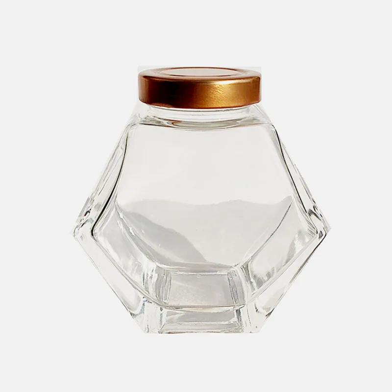 Wholesale Hexagon Glass Honey Container Honey Storage Bottle Glass Honey Jar With Metal Lid