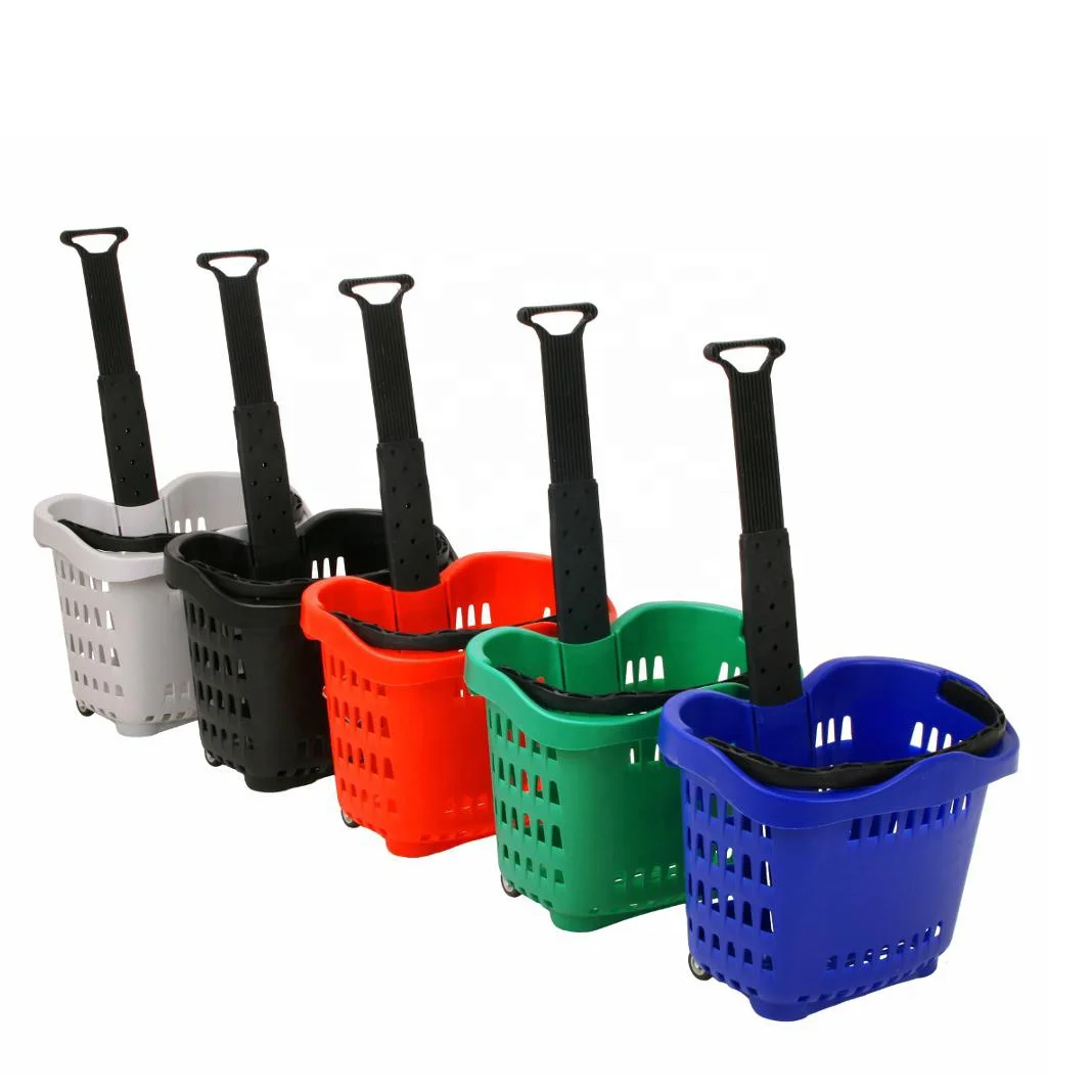 Хорошее качество розничный магазин двухколесная вращающаяся корзина для покупок с ручкой из алюминиевого