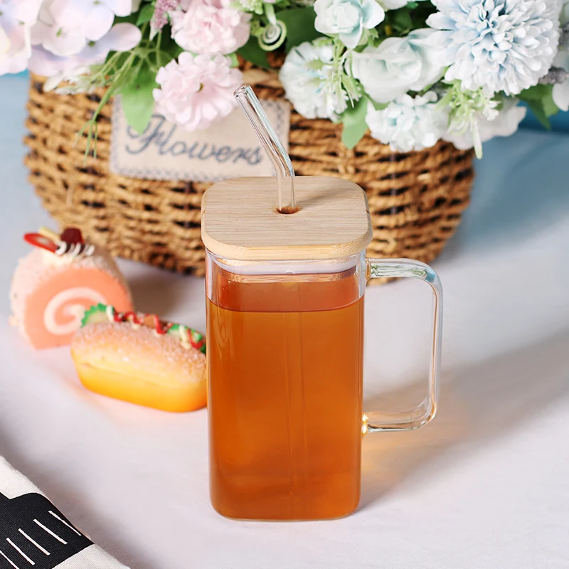 Square Glass Cup With Bamboo Lid And Reusable Glass Straw Iced Coffee Glasses Soda Can Cup