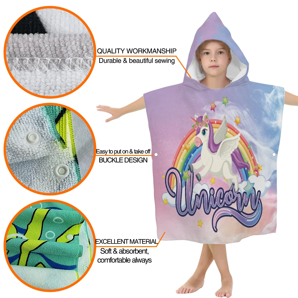 Custom Made Unicorn Pattern Kids Shower Bath Hooded Beach Towels Robe Surf Poncho Towel for children
