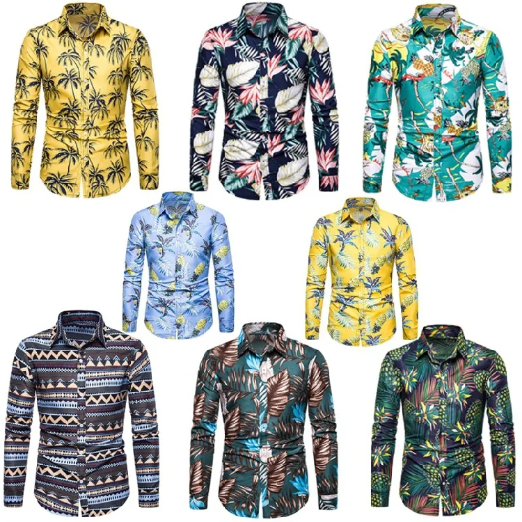 Amazon Blouses Tops Camisa Homme Summer Shirt Beach Style Casual Hawaiian Floral Holiday Shirt Men Long Sleeve Shirts