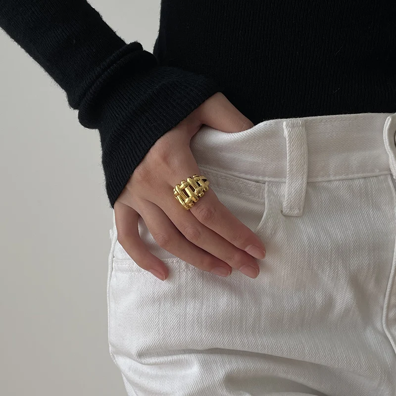 Gold Silver Color Fence Shape Wide Irregular Rings Chunky Weaved Geometric Rings for Women Brass Minimalist Open Stacking Ring
