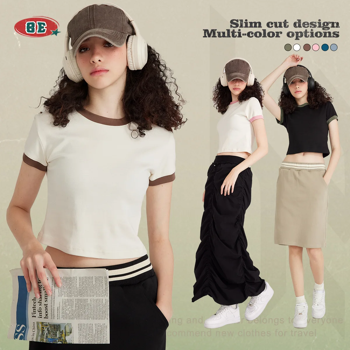 2024 Retro Skinny Short Sleeve Raglan T-Shirt for Girls Hot Sale Women Fashion Customized Low Price Vintage Blank Crop Top Shirt