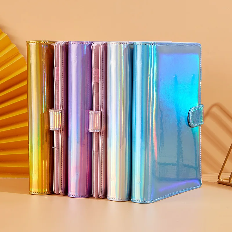 Wholesale A5 A6 laser customized PU Leather hardCover 6 Ring Agenda classeur budget Binder planner notebook with cash envelopes