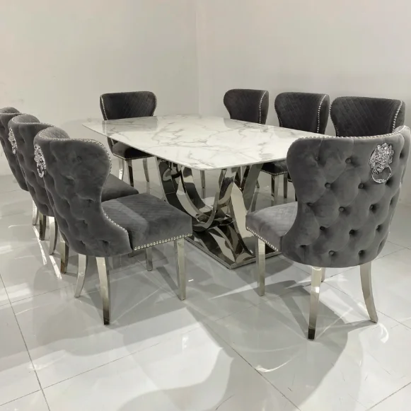 Unique Button Tufted Velvet Fabric Lion Knocker Modern Design Stainless Steel Legs Dining Room Sets of 6 Dining Chairs