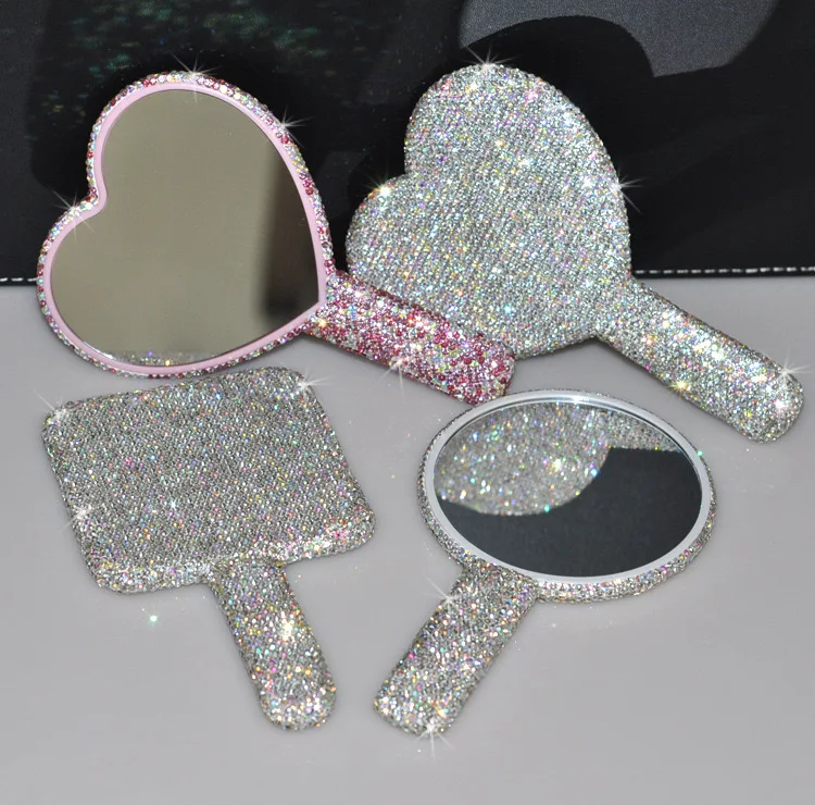 Shining Heart Round Square Shape Bling Cosmetic Mirror Portable Handle Mirror for Princess Girls
