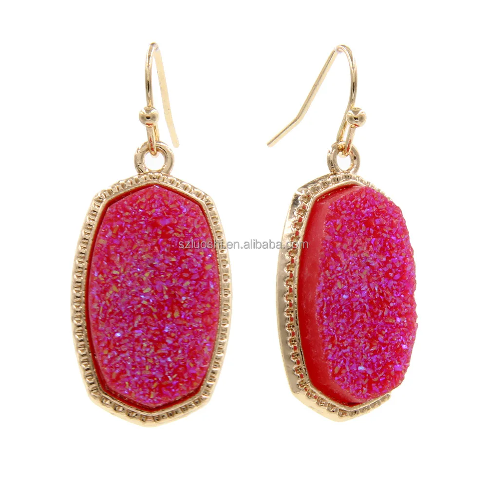 Drusy Elisa Pendant Necklace for Women Fashion Yellow Gold Plated Bead Chain Wedding Oval Hexagon Necklace Earrings Set