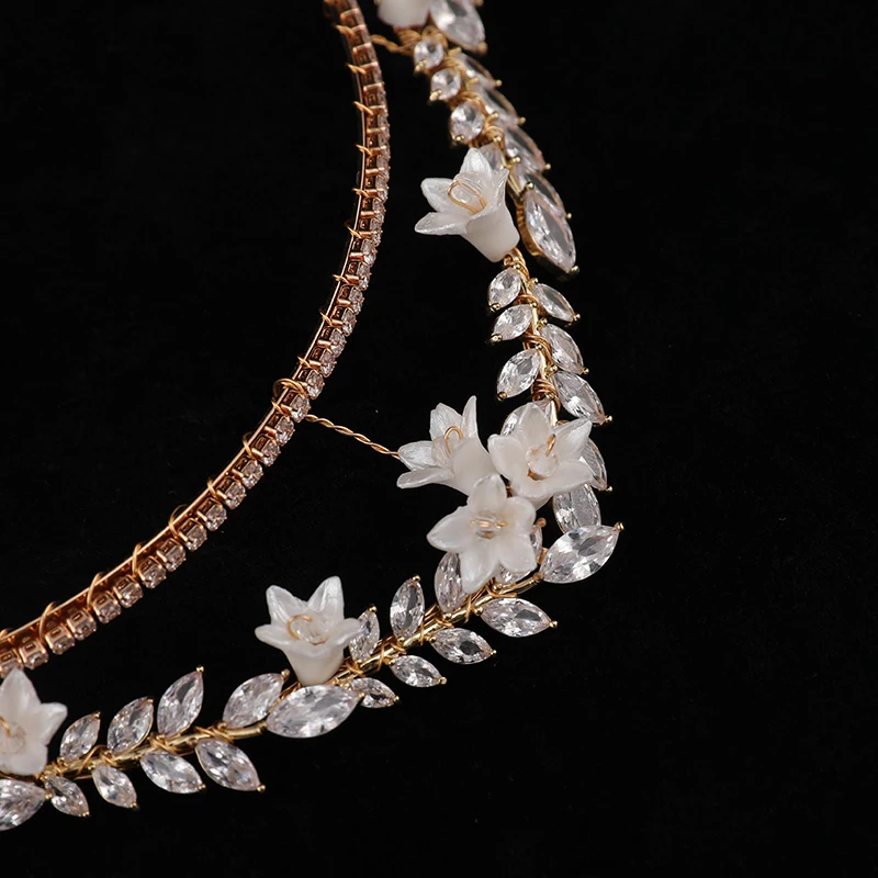 Bridal crowns and tiaras zircon handmade crown tiaras  ceramic flower wedding hair accessories bride crowns for women