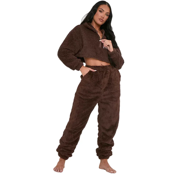 High Quality Loungewear Wholesale Women Cozy Fleece Hooded Out Door Lounge Set Two Piece Lounge Wear for Women