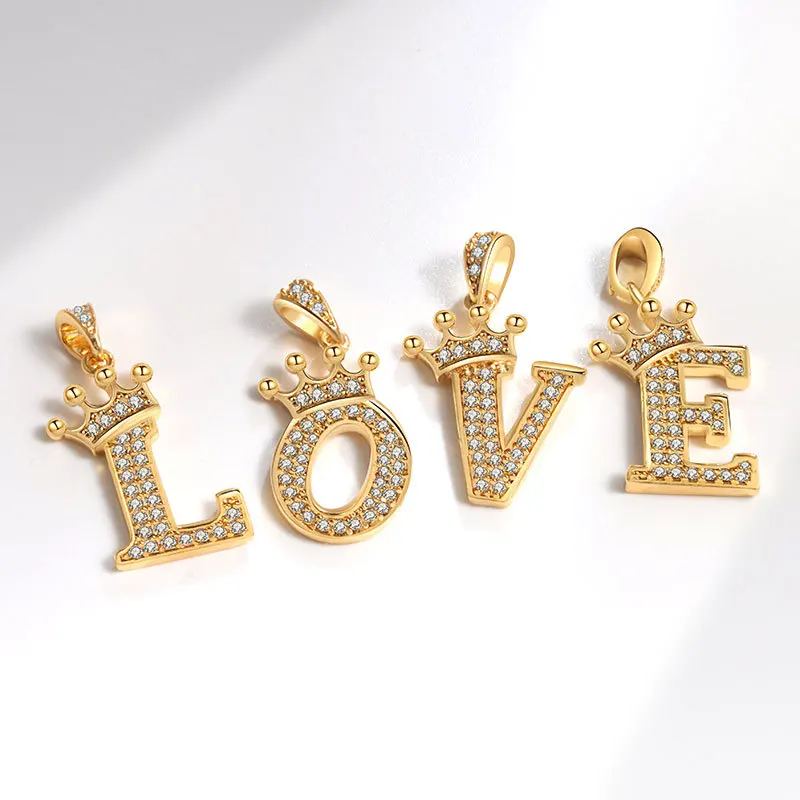 Wholesale Gold Plated Initial Pendant Micro Pave Zircon crown Letter Accessories Alphabet A-Z Charms for necklace