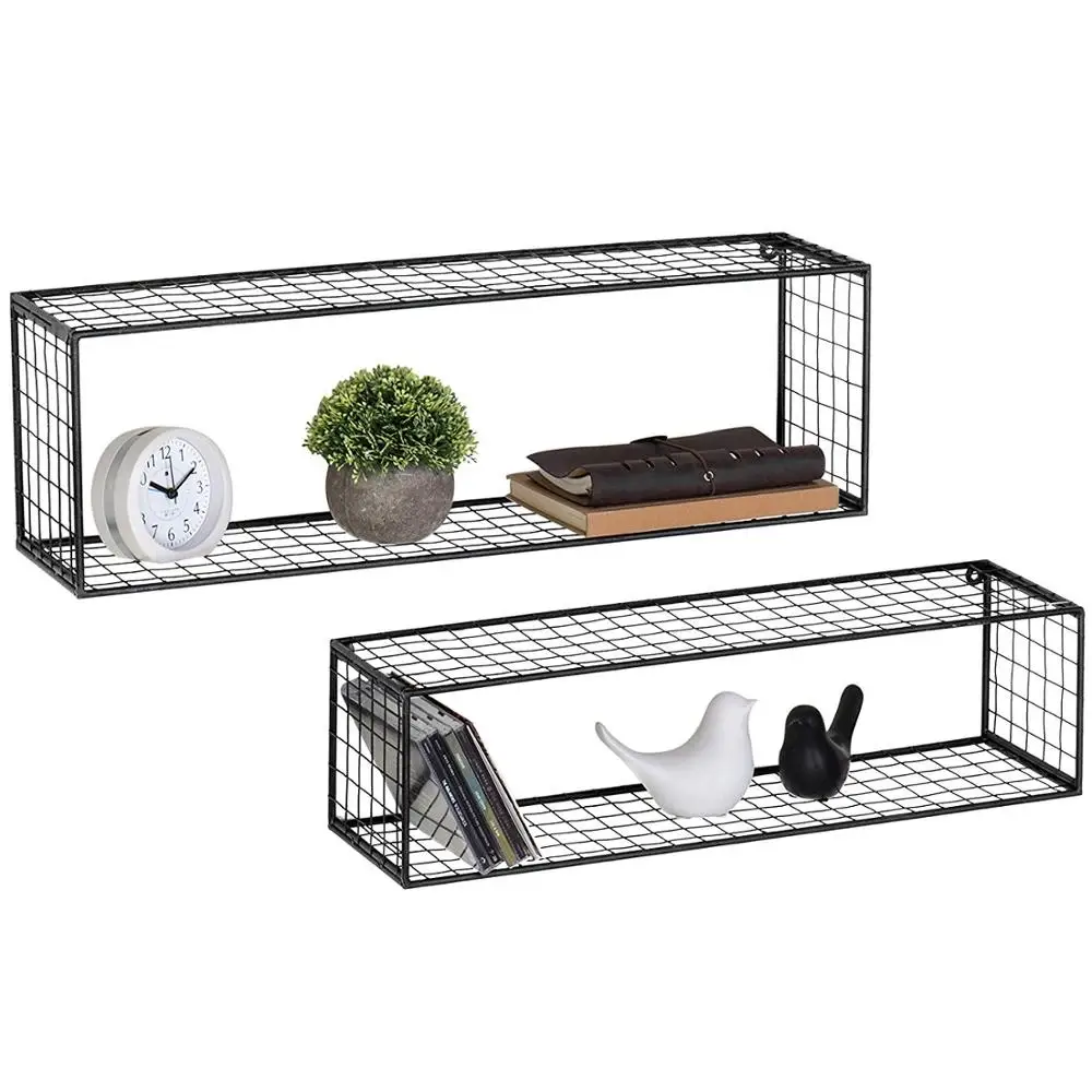 
Black Metal Wire Wall-Mounted Rectangular Floating Shelves, Display Shadow Boxes, Set of 2 