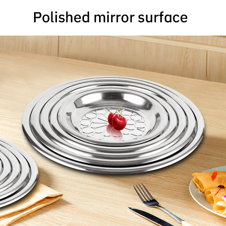Hot Sale Eco Friendly Metal Catering Mirror Serving Tray Round Food Tray Stainless Steel Round Tray