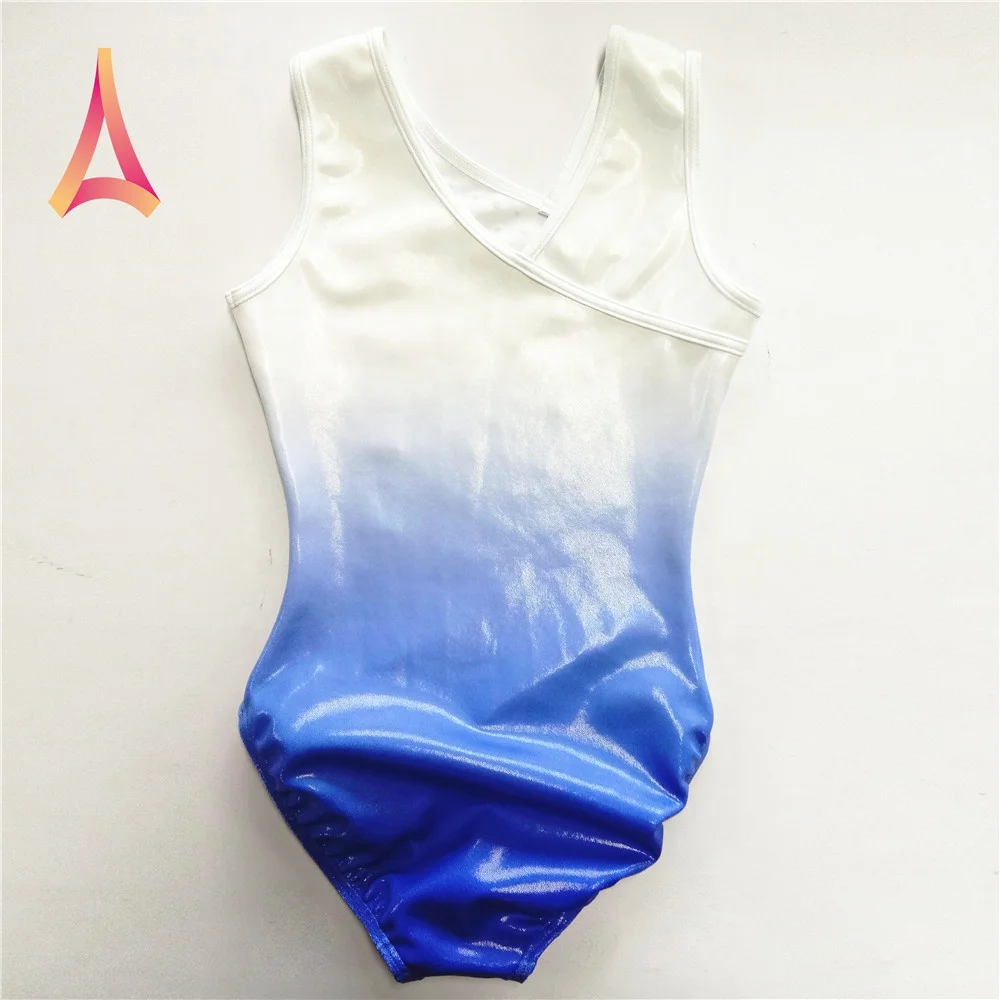 Pearl White to Blue ombre Girls Gymnastics Leotard with asymmetric neckline