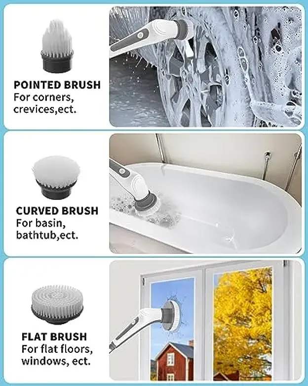 Electric Spin Scrubber, Cordless Power Floor Scrubbing Brush with 6 Replaceable Cleaning Brush Heads with Power Display