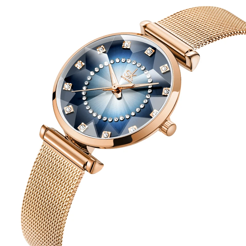 SHENGKE High Quality Business Fashion Watch Rhinestone Ladies Quartz watch Stainless Steel Mesh Strap Women Watches