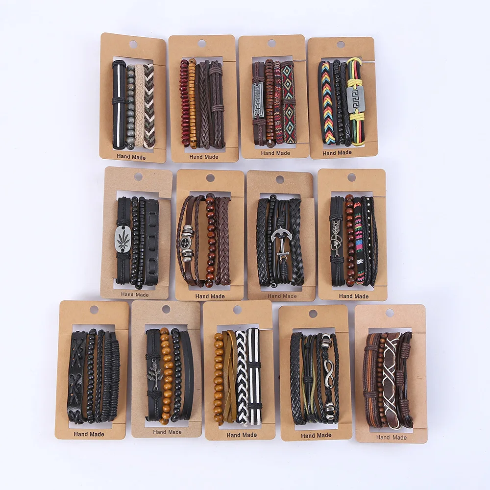 Wholesale 4-piece set Fine Jewelry Cheap and Fashionable Leather Multi-Layer woven Bracelets Sets Random Styles
