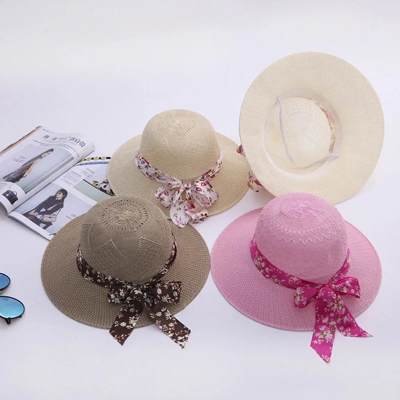 Wholesale Fashion Classic Styles Wide Brim Beach Sun Ribbon Bowknot Straw Bucket Hats For Women
