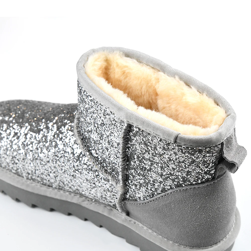 Fashion Trend Winter Warm Cracked sheepskin Glitter TPR Out sole  bling Indoor Slipper Ankle Snow Boots