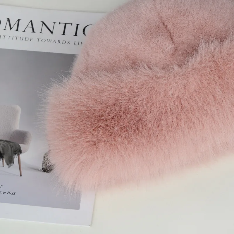 Wholesale Luxury Faux Rabbit Fur Bucket Hat Winter Warm Big Fur for Unisex Printed Fabric for Women
