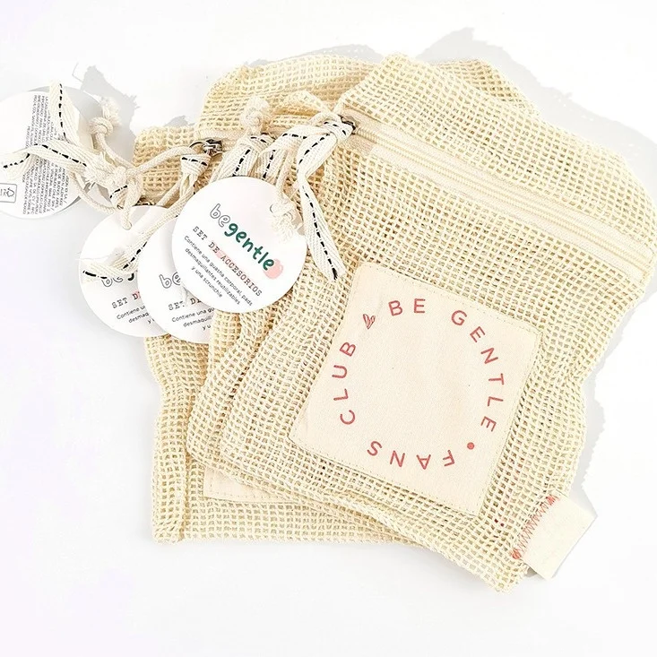 Export Factory Recycled Cotton Mesh Bag with Drawstring Organic Cotton Embroidered Logo Cartoon Pattern Organic Cotton Bag