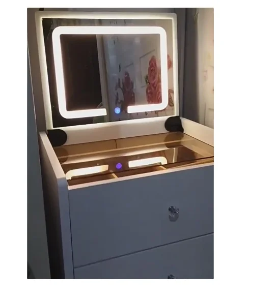 Modern Style Grey Color Dressing Table with Seat Mirror USB bluetooth Bedside Table Multafunction With Storage Bedroom Furniture