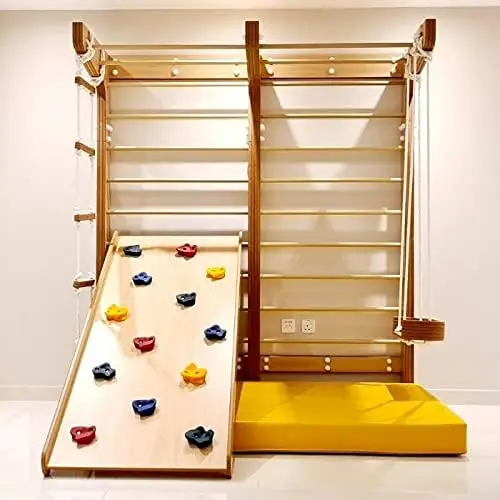 LM KIDS Kids Swedish Wall with Climbing Ramp Swing Rope Indoor Outdoor Play set for Kids