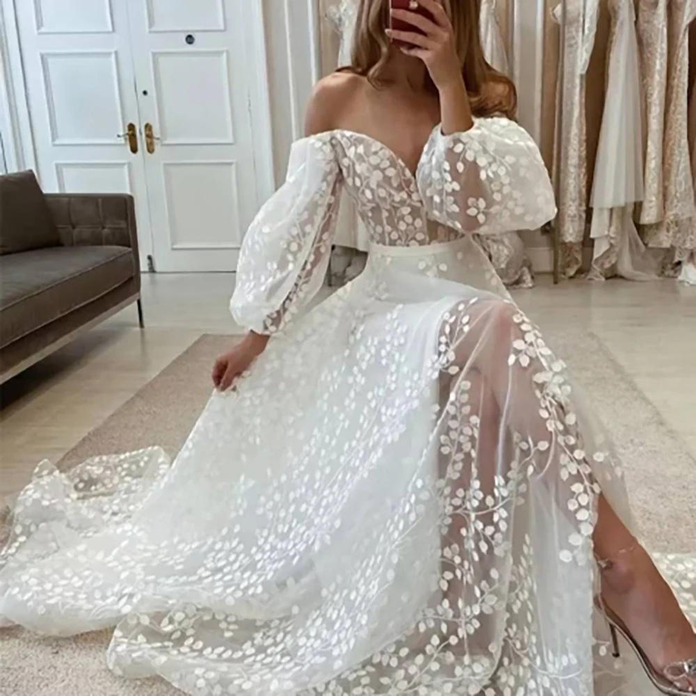 8715# Real Photos Puffy Sleeves Low Back A-line Floral Lace Wedding Dress Bridal Gown For Women Engagement Party Dresses