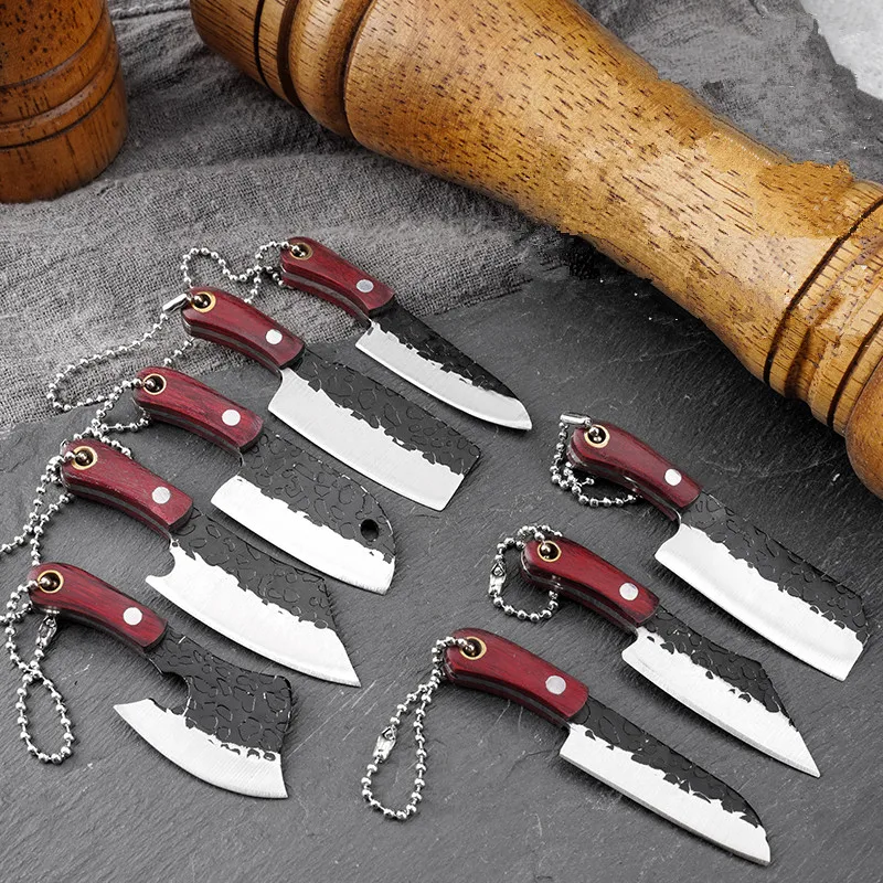 Creative New Mini Chef Knife Wood With Leather Sheath Tiny Knife Portable Key Chain Pendant Express Cutter Knife