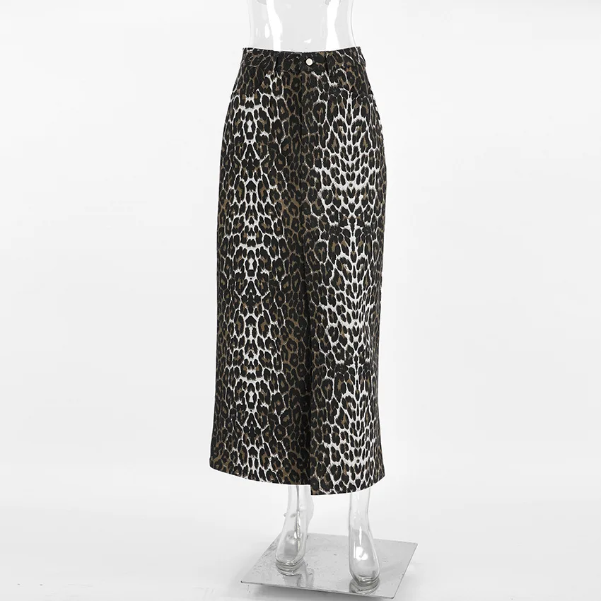 RedPeony Summer Office Split Skirt Cotton Female 2024 Street Chic High Waist Long Skirt Vintage Leopard Print Straight Skirts