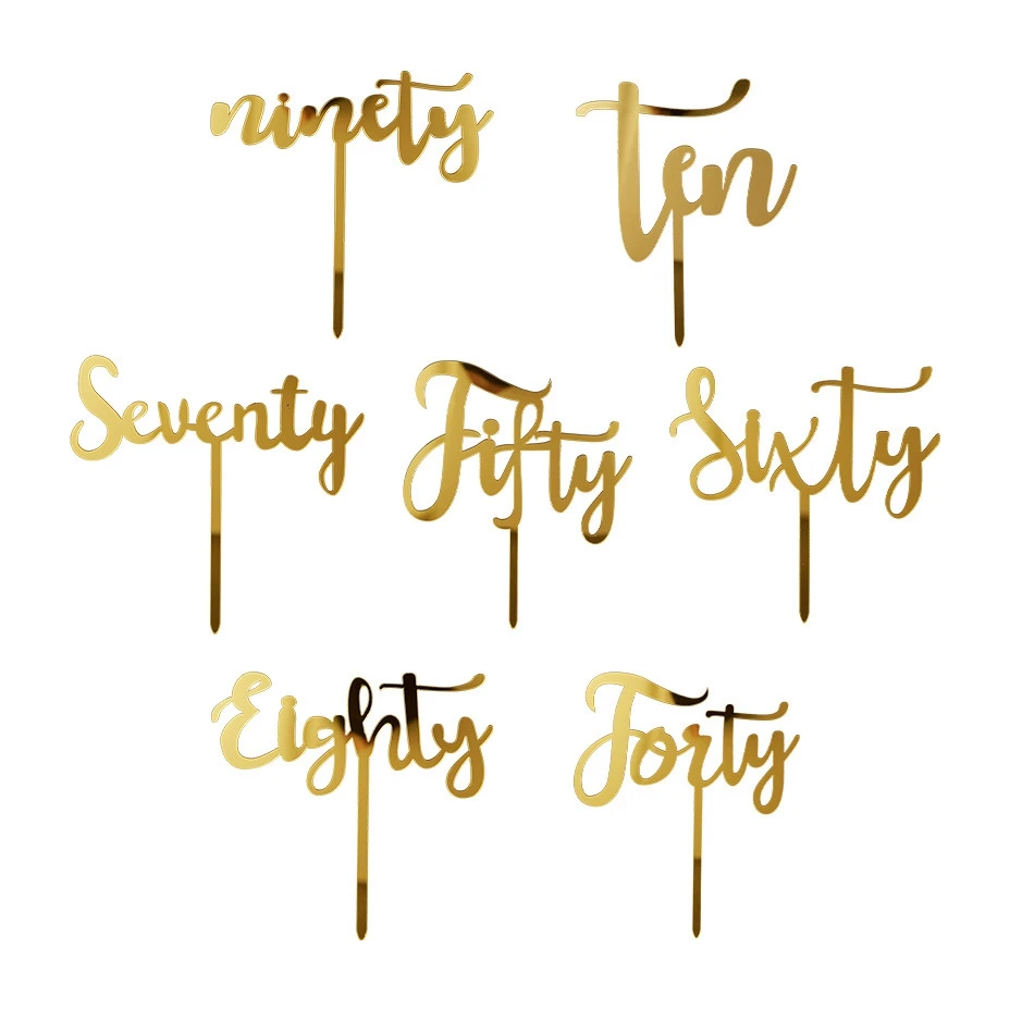 Gold Number Happy Birthday Cake Topper Acrylic Ten Forty Fifty Sixty Seventy Cupcake Topper Birthday Party Cake Decor PQA421