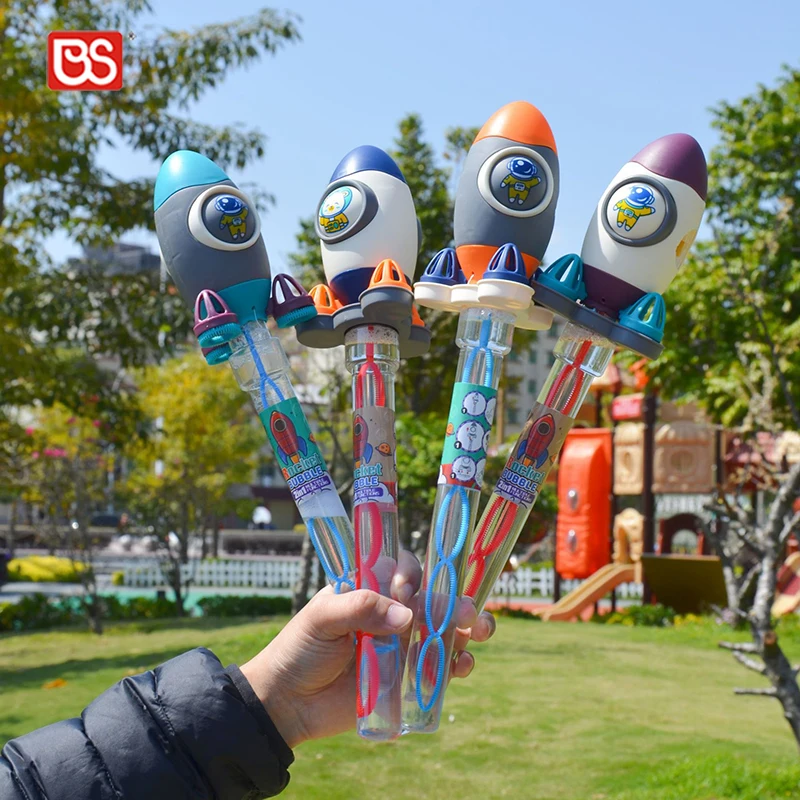 BS Toy 12Pcs 32CM 2 IN 1 Outdoor Space Rocket Shapes Giant Bubble Wand Kids Emo ji Bubble Blower Stick With 140ML Bottle