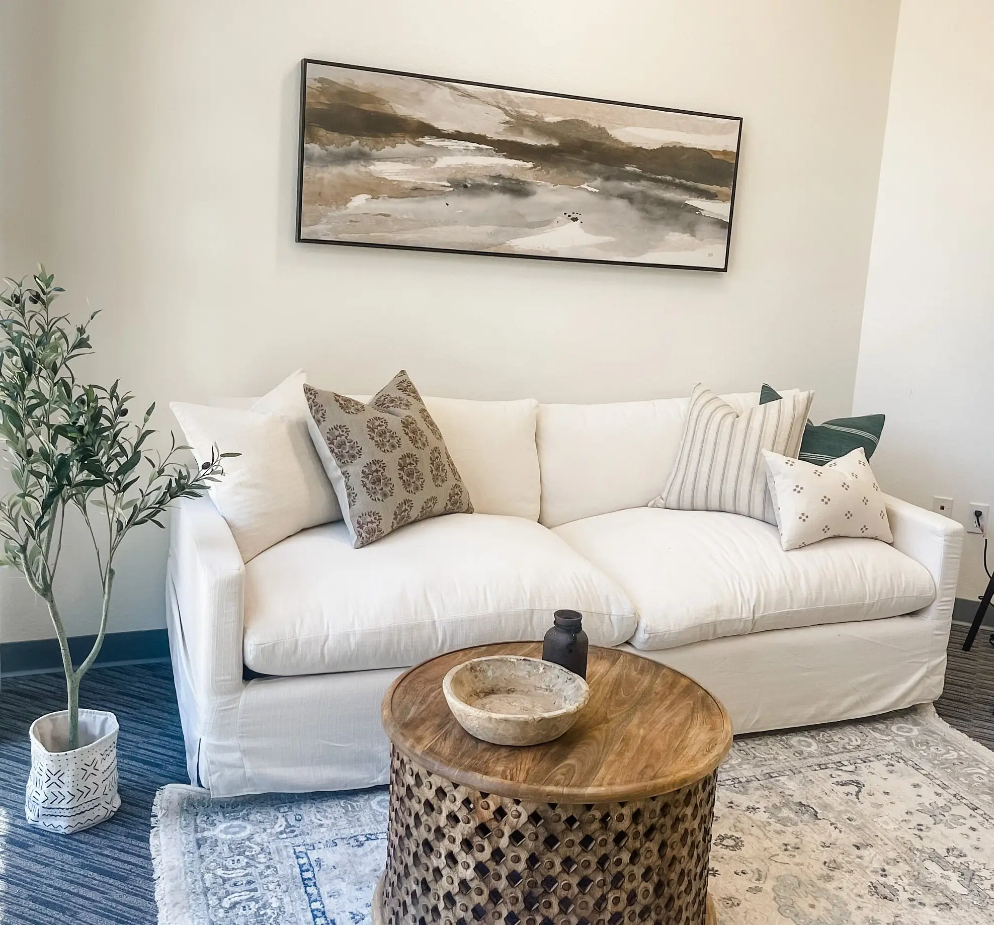 Custom Floral Rust Saffron with Blue Grey on Natural Linen Pillow Cover Manikarnika Block Print 100% Cotton Cushion Covers/