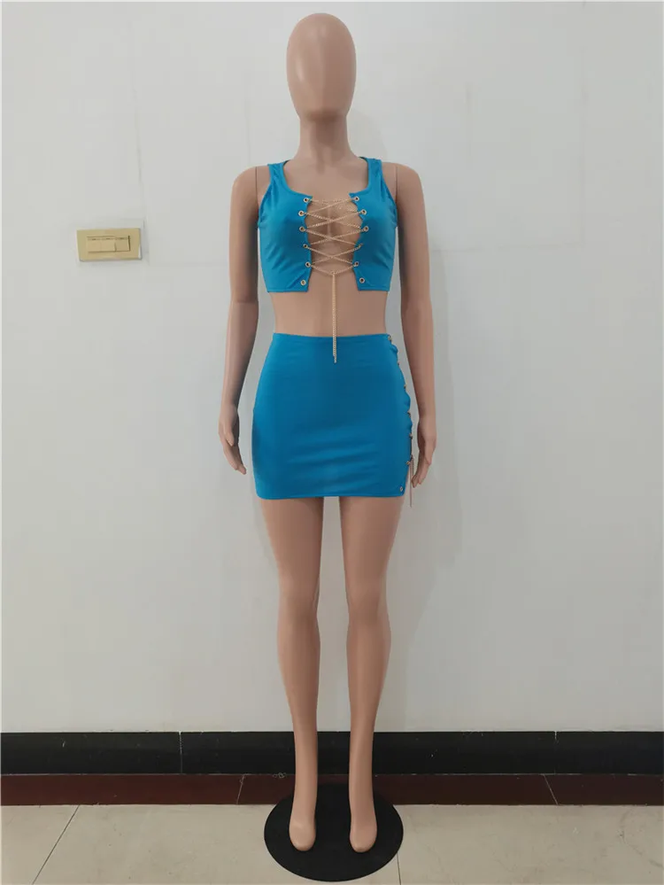 Summer 2021 New Women Fashion Sexy Bandage Chain Crop Top And Mini Skirts Two Piece Set Outfits