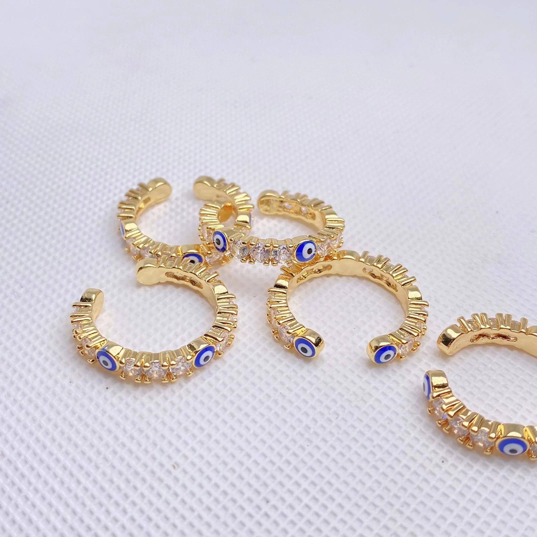 2022 Fashion Gold Plated CZ Paved Good Luck Enamel Light Blue Cubic Zirconia Evil Eyes Adjustable Ring