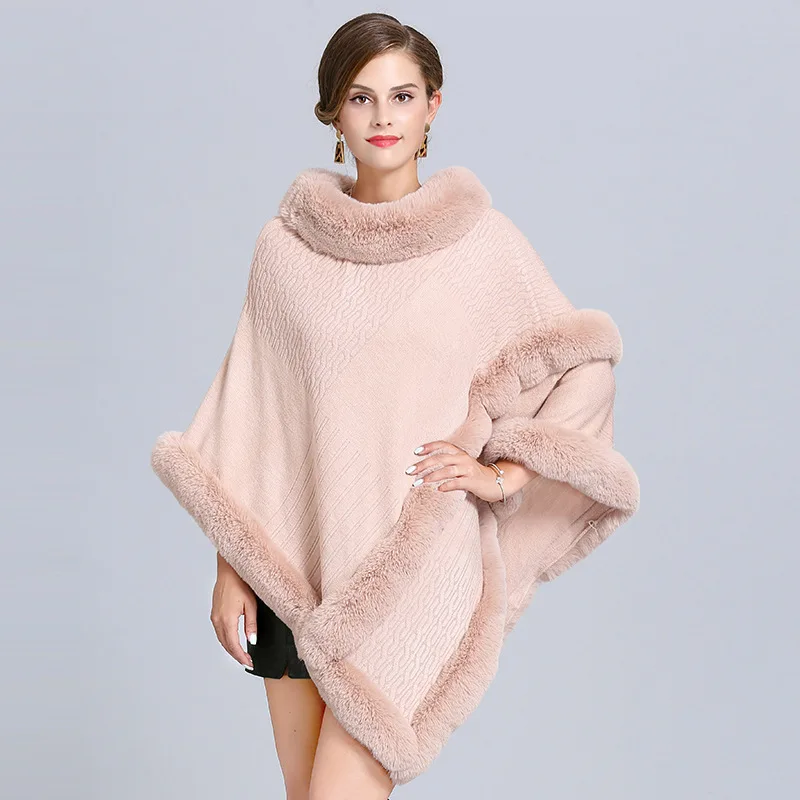 Winter Ponchos And Capes latest fashion faux fur trimmed hooded knitted Poncho Sweater poncho for women
