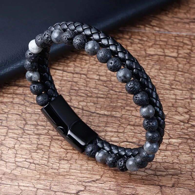 fashion stainless steel bangle bracelets hot jewelry trends magnetic leather treaty men sporty stone bead bracelet