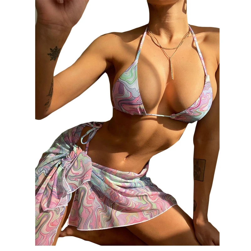 Wholesale Cover Up Beach Dress Sexy Print Thong Swimwear Halter Backless Brazil Pink Bikini